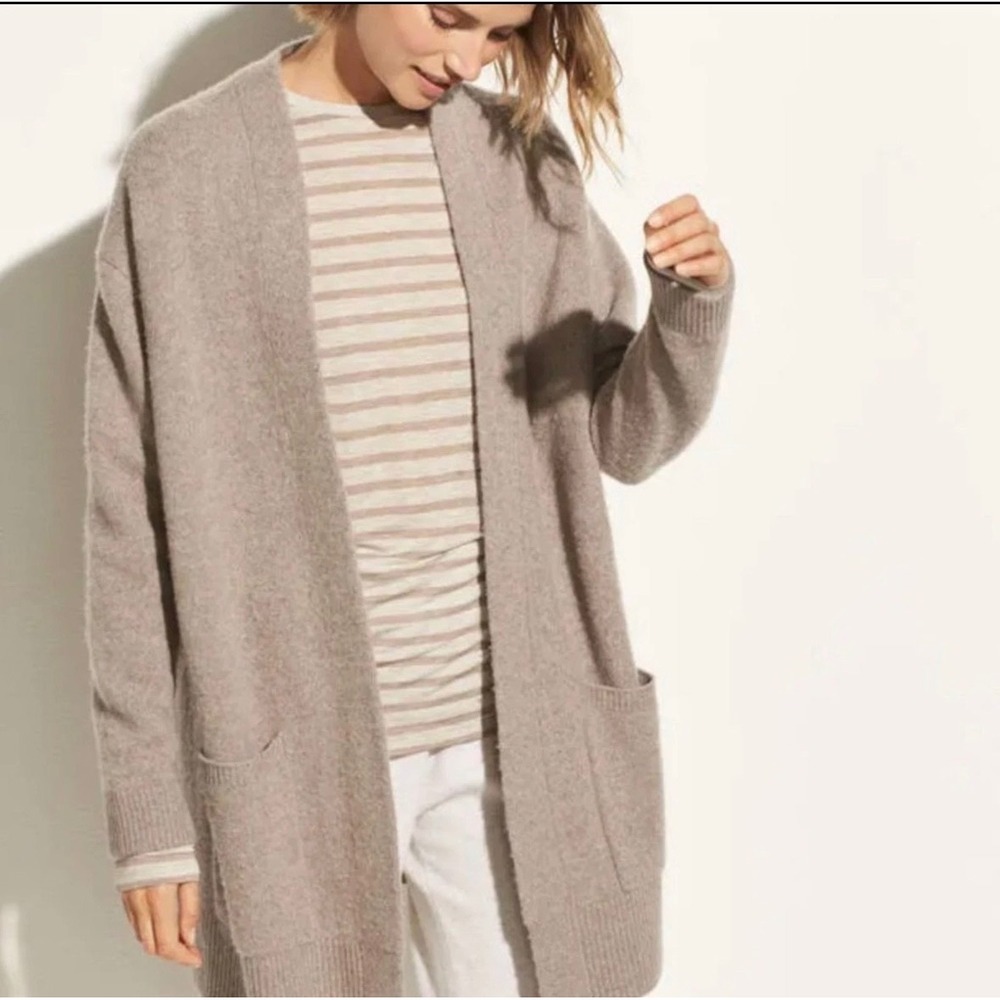 Vince Cardigan Women S Beige Taupe 100% Cashmere Open Front Longline V406377175